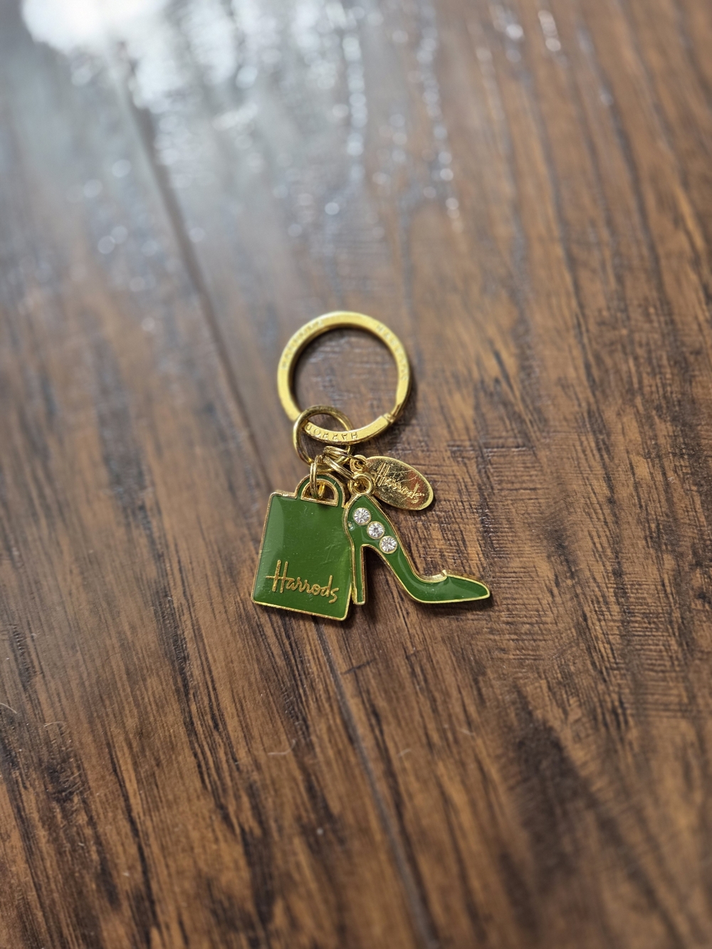 Harrods Gold-Tone Keyring with Green Enamel High Heel & Shopping Bag Charms